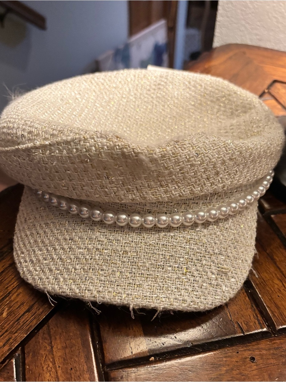 Cream Tweed Baker Boy Cap with Pearl Trim
